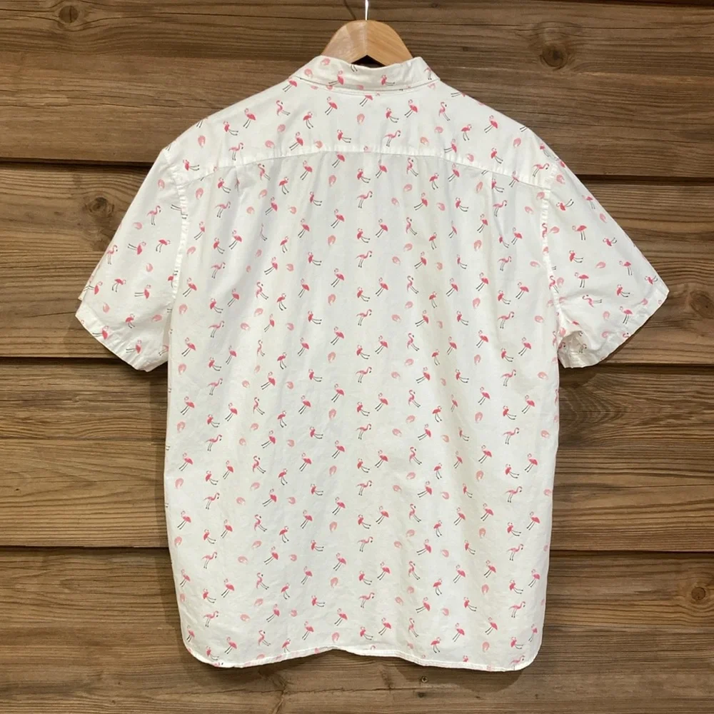 J. Crew White Short-Sleeve Button-Down Shirt with Pink Flamingo Print XL